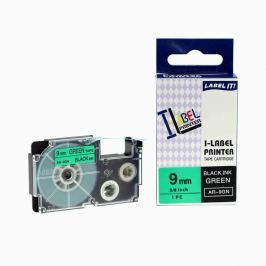 Utángyártott szalag Casio XR-9GN1, 9mm x 8m fekete nyomtatás / zöld alapon